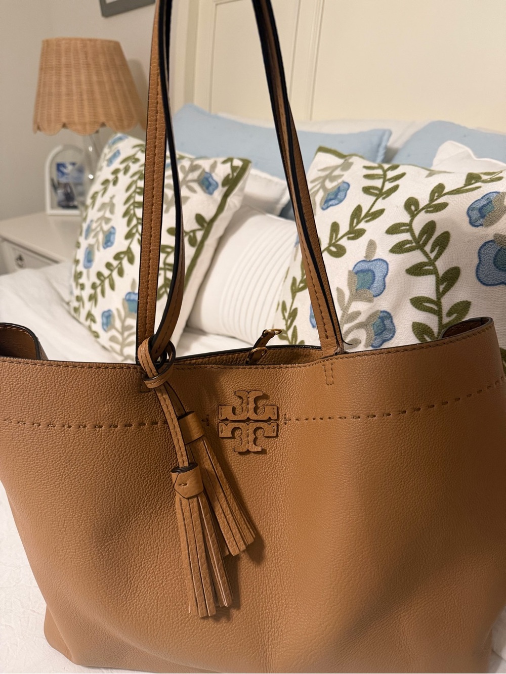 Tory Burch Cognac Leather Tote with Tassel